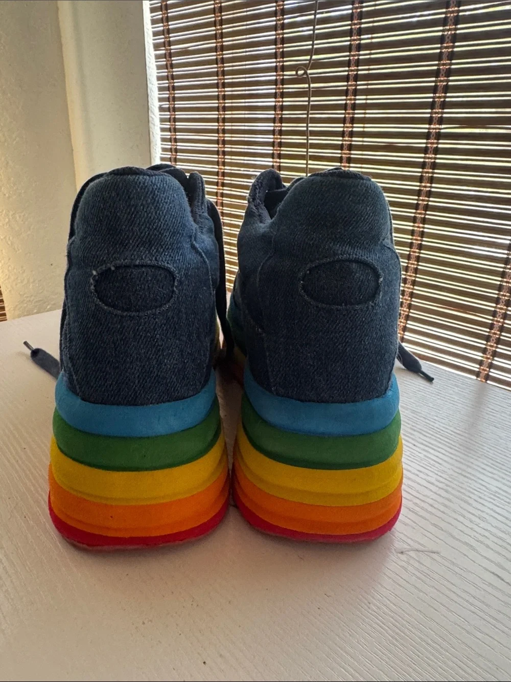 Jeffrey Campbell Navy Denim Platform Sneakers with Rainbow Layered Sole